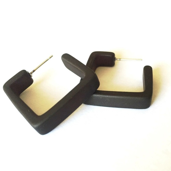 Square Frosted Vintage Lucite Hoop Black Earrings - Picture 1 of 6